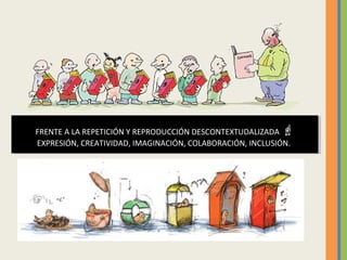 FRENTE A LA REPETICIÓN Y REPRODUCCIÓN DESCONTEXTUDALIZADA 
EXPRESIÓN, CREATIVIDAD, IMAGINACIÓN, COLABORACIÓN, INCLUSIÓN.
FRENTE A LA REPETICIÓN Y REPRODUCCIÓN DESCONTEXTUDALIZADA 
EXPRESIÓN, CREATIVIDAD, IMAGINACIÓN, COLABORACIÓN, INCLUSIÓN.
 