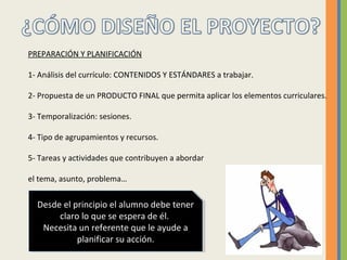 PREPARACIÓN Y PLANIFICACIÓN
1- Análisis del currículo: CONTENIDOS Y ESTÁNDARES a trabajar.
2- Propuesta de un PRODUCTO FINAL que permita aplicar los elementos curriculares.
3- Temporalización: sesiones.
4- Tipo de agrupamientos y recursos.
5- Tareas y actividades que contribuyen a abordar
el tema, asunto, problema…
Desde el principio el alumno debe tener
claro lo que se espera de él.
Necesita un referente que le ayude a
planificar su acción.
Desde el principio el alumno debe tener
claro lo que se espera de él.
Necesita un referente que le ayude a
planificar su acción.
 