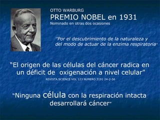 ' 'Por el descubrimiento de la naturaleza y  del modo de actuar de la enzima respiratoria " OTTO WARBURG PREMIO NOBEL en 1931 Nominado en otras dos ocasiones “ El origen de las células del cáncer radica en un déficit de  oxigenación a nivel celular” REVISTA SCIENCE VOL 123 NUMERO 3191 24-2-56 “ Ninguna  célula  con la respiración intacta desarrollará cáncer ” 