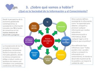  3.  ¿Sobre qué vamos a hablar?    ¿Qué es la Sociedad de la Información y el Conocimiento? Desde la perspectiva de la economía globalizada contemporánea, la sociedad de la información concede a las  TIC  el poder de convertirse en los  nuevos motores de desarrollo y progreso La incorporación de las TIC en todos los procesos productivos ciertamente facilita la inserción a los mercados globales, donde la intensa competencia obliga a reducir costes y a ajustarse de manera casi inmediata a las cambiantes condiciones del mercado. Otros autores definen sociedad de la información como "la capacidad para obtener, compartir y procesar cualquier información por medios telemáticos (telecomunicación e informática), desde cualquier lugar y en la forma en que se prefiera“. Otra definición hace referencia a que "Todos pueden crear, acceder, utilizar y compartir la información y el conocimiento, en donde se desarrolle el potencial de los pueblos y se mejore la calidad de vida". 