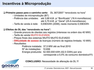 Incentivos à Microprodução

 Primeiro passo para o caminho certo: DL 367/2007 “renováveis na hora”
       - Unidades de microprodução (BT)
       - Potência das unidades: até 3,68 kVA p/ “Bonificado” (16 A monofásicos)
                                 até 5,75 kVA p/ “Geral” (25 A monofásicos)
       - Tarifa de venda à rede: 0,65€/kWh (2008); neste momento 0,55€/kWh

 Efeitos do DL das “renováveis na hora”:
        - Grande procura de clientes aos registos (interesse na ordem dos 40 MW)
        - Tarifa de venda MUITO ELEVADA
        - Preços finais dos sistemas MUITO MUITO ELEVADO
        - Dificuldade de acesso às licenças (número de registos limitado; 10 MW)
        - Resultados:
                  Potência instalada: 37,5 MW até ao final 2010
                  Nº de instalações: 10.656
                  Energia produzida: 52.500.000 kWh (52,5 GWh) por ano
                                      corresponde a 0,4% do consumo doméstico!!!!)

                    CONCLUSÃO: Necessidade de alteração do DL !!!

                                     3ª Jornadas Electrotécnicas, ISEP - Manuel Azevedo   12
 