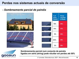 Perdas nos sistemas actuais de conversão

- Sombreamento parcial de painéis




             Sombreamento parcial num conjunto de painéis
             ligados em série (string) pode resultar em perdas até 50%
                              3ª Jornadas Electrotécnicas, ISEP - Manuel Azevedo   16
 