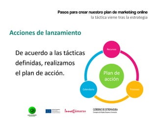 Pasos para crear nuestro plan de marketing online
la táctica viene tras la estrategia
Acciones de lanzamiento
De acuerdo a las tácticas
definidas, realizamos
el plan de acción. Plan de
acción
Recursos
ProcesosCalendario
 