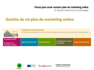 Pasos para crear nuestro plan de marketing online
la táctica viene tras la estrategia
Gestión de mi plan de marketing online

TAMAÑO DE LA COMUNIDAD
La audiencia estimada en cada uno de los canales sociales (número de fans, de seguidores…)
Suscriptores al RSS
Suscriptores a la
newsletter del blog
Seguidores (evolución) Fans (evolución)
Suscriptores a tu canal
(evolución)
Seguidores (evolución)
 