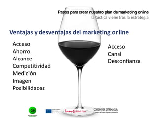 Pasos para crear nuestro plan de marketing online
la táctica viene tras la estrategia
Ventajas y desventajas del marketing online
Acceso
Ahorro
Alcance
Competitividad
Medición
Imagen
Posibilidades
Acceso
Canal
Desconfianza
 