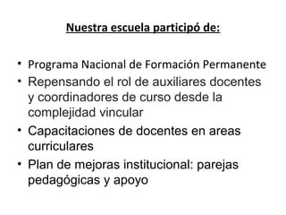 Nuestra escuela participó de: 
• Programa Nacional de Formación Permanente 
• Repensando el rol de auxiliares docentes 
y coordinadores de curso desde la 
complejidad vincular 
• Capacitaciones de docentes en areas 
curriculares 
• Plan de mejoras institucional: parejas 
pedagógicas y apoyo 
 