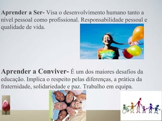 Aprender a Ser- Visa o desenvolvimento humano tanto a
nível pessoal como profissional. Responsabilidade pessoal e
qualidade de vida.
Aprender a Conviver- É um dos maiores desafios da
educação. Implica o respeito pelas diferenças, a prática da
fraternidade, solidariedade e paz. Trabalho em equipa.
 