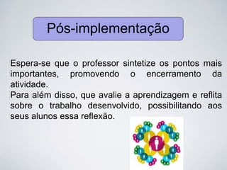 Pós-implementação
Espera-se que o professor sintetize os pontos mais
importantes, promovendo o encerramento da
atividade.
Para além disso, que avalie a aprendizagem e reflita
sobre o trabalho desenvolvido, possibilitando aos
seus alunos essa reflexão.
 