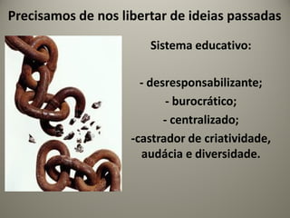 Sistema educativo:
- desresponsabilizante;
- burocrático;
- centralizado;
-castrador de criatividade,
audácia e diversidade.
Precisamos de nos libertar de ideias passadas
 