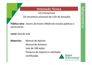 MINIEMPRESA
Orientação Técnica
52,5 horas/aula
(15 encontros semanais de 3,5h de duração)
Público-alvo: Jovens do Ensino Médio de escolas públicas e
particulares.
Local: Sala de aulaLocal: Sala de aula
Materiais: Manual do Adviser
Manual do Achiever
Lote de 100 ações
Pesquisa de impacto e satisfação
Certificados
 