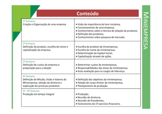 MINIEMPRESA
1ª Semana:
Criação e Organização de uma empresa • Visão da importância da livre iniciativa;
• Funcionamento de uma empresa;
• Conhecimento sobre a técnica de seleção de produtos;
• Definição dos produtos;
• Conhecimento sobre pesquisa de mercado.
2ª Semana:
Definição do produto, escolha do nome e
capitalização da empresa
• Escolha do produto da miniempresa;
• Escolha do nome da miniempresa;
• Determinação do Capital Inicial;
• Capitalização através de ações.
Conteúdo
• Capitalização através de ações.
3ª Semana:
Definição de custos da empresa e
preparação para a eleição
• Determinar custos da miniempresa;
• Responsabilidades das áreas da miniempresa;
• Auto-avaliação para os cargos de liderança.
4ª Semana:
Definição de Missão, Visão e Valores da
Miniempresa, eleição da diretoria e
explicação do processo produtivo
• Definição dos objetivos da miniempresa;
• Eleição do corpo diretor da miniempresa;
• Planejamento da produção.
5ª - 8ª Semana:
Produção em tempo integral • Produção;
• Reunião de diretoria;
• Reunião de Presidentes;
• Fechamento do 1º exercício financeiro.
 