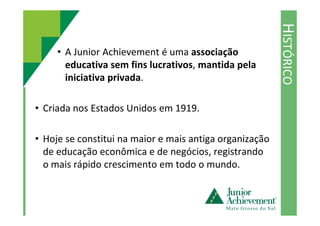 HISTÓRICO
• A Junior Achievement é uma associação
educativa sem fins lucrativos, mantida pela
iniciativa privada.
• Criada nos Estados Unidos em 1919.• Criada nos Estados Unidos em 1919.
• Hoje se constitui na maior e mais antiga organização
de educação econômica e de negócios, registrando
o mais rápido crescimento em todo o mundo.
 