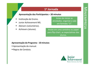 MINIEMPRESA
1a Jornada
Apresentação dos Participantes – 30 minutos
Instituição de Ensino.
Junior Achievement MS.
Advisers (voluntários).
Achievers (alunos).
Antes de iniciar as
atividades, organize a sala
em formato “U”.
Anote em uma cartolina ou papel
para flip-chart, as expectativas dos
Apresentação do Programa - 10 minutos
Apresentação do manual.
Regras de Conduta.
alunos.
 