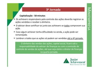 MINIEMPRESA
3a Jornada
Capitalização - 50 minutos
Os achievers responsáveis pelo controle das ações deverão registrar as
ações vendidas e receber o dinheiro.
O adviser deve certificar-se junto aos achievers se todos compraram sua
ação.
Caso algum achiever tenha dificuldade na venda, a ação pode ser
remanejada.remanejada.
Lembrar a todos que as ações só podem ser vendidas até a 4ª jornada.
O dinheiro das vendas das ações, capital social, ficará sob a
responsabilidade do adviser de finanças ou com a comissão de
controle de vendas de ações, até que seja eleito o diretor de finanças
na quarta jornada.
 