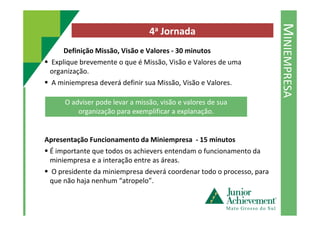 MINIEMPRESA
4a Jornada
Definição Missão, Visão e Valores - 30 minutos
Explique brevemente o que é Missão, Visão e Valores de uma
organização.
A miniempresa deverá definir sua Missão, Visão e Valores.
O adviser pode levar a missão, visão e valores de sua
organização para exemplificar a explanação.
Apresentação Funcionamento da Miniempresa - 15 minutos
É importante que todos os achievers entendam o funcionamento da
miniempresa e a interação entre as áreas.
O presidente da miniempresa deverá coordenar todo o processo, para
que não haja nenhum “atropelo”.
organização para exemplificar a explanação.
 