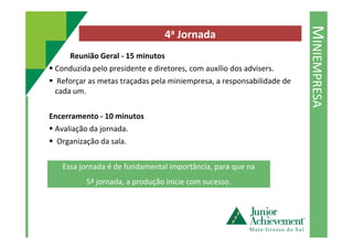 MINIEMPRESA
4a Jornada
Reunião Geral - 15 minutos
Conduzida pelo presidente e diretores, com auxílio dos advisers.
Reforçar as metas traçadas pela miniempresa, a responsabilidade de
cada um.
Encerramento - 10 minutos
Avaliação da jornada.Avaliação da jornada.
Organização da sala.
Essa jornada é de fundamental importância, para que na
5ª jornada, a produção inicie com sucesso.
 