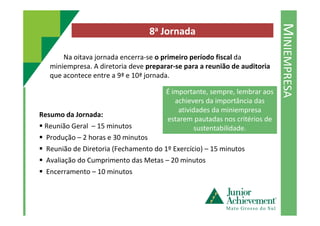 MINIEMPRESA
8a Jornada
Na oitava jornada encerra-se o primeiro período fiscal da
miniempresa. A diretoria deve preparar-se para a reunião de auditoria
que acontece entre a 9ª e 10ª jornada.
Resumo da Jornada:
É importante, sempre, lembrar aos
achievers da importância das
atividades da miniempresa
Resumo da Jornada:
Reunião Geral – 15 minutos
Produção – 2 horas e 30 minutos
Reunião de Diretoria (Fechamento do 1º Exercício) – 15 minutos
Avaliação do Cumprimento das Metas – 20 minutos
Encerramento – 10 minutos
atividades da miniempresa
estarem pautadas nos critérios de
sustentabilidade.
 