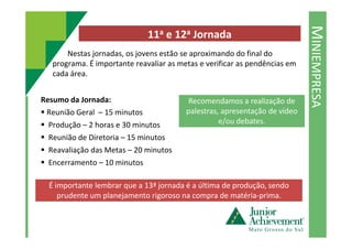 MINIEMPRESA
11a e 12a Jornada
Nestas jornadas, os jovens estão se aproximando do final do
programa. É importante reavaliar as metas e verificar as pendências em
cada área.
Resumo da Jornada:
Reunião Geral – 15 minutos
Produção – 2 horas e 30 minutos
Recomendamos a realização de
palestras, apresentação de vídeo
e/ou debates.Produção – 2 horas e 30 minutos
Reunião de Diretoria – 15 minutos
Reavaliação das Metas – 20 minutos
Encerramento – 10 minutos
É importante lembrar que a 13ª jornada é a última de produção, sendo
prudente um planejamento rigoroso na compra de matéria-prima.
e/ou debates.
 