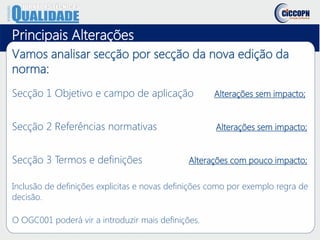 Principais Alterações
Vamos analisar secção por secção da nova edição da
norma:
Secção 1 Objetivo e campo de aplicação Alterações sem impacto;
Secção 2 Referências normativas Alterações sem impacto;
Secção 3 Termos e definições Alterações com pouco impacto;
Inclusão de definições explicitas e novas definições como por exemplo regra de
decisão.
O OGC001 poderá vir a introduzir mais definições.
 
