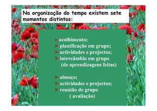 acolhimento;
planificação em grupo;
actividades e projectos;
intercâmbio em grupo
(de aprendizagens feitas)
almoço;
actividades e projectos;
reunião de grupo
( avaliação)
Na organização do tempo existem sete
momentos distintos:
 