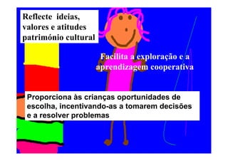 Reflecte ideias,
valores e atitudes
património cultural
Facilita a exploração e a
aprendizagem cooperativa
Proporciona às crianças oportunidades de
escolha, incentivando-as a tomarem decisões
e a resolver problemas
 