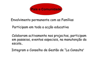 Pais e Comunidade
Participam em toda a acção educativa
Coloboram activamente nos projectos, participam
em passeios, eventos especiais, na manutenção da
escola..
Integram o Conselho de Gestão de “La Consulta“
Envolvimento permanente com as Famílias
 