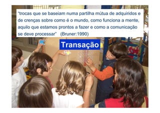 “trocas que se baseiam numa partilha mútua de adquiridos e
de crenças sobre como é o mundo, como funciona a mente,
aquilo que estamos prontos a fazer e como a comunicação
se deve processar” (Bruner:1990)

                    Transação
 
