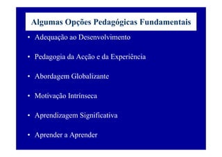 Algumas Opções Pedagógicas Fundamentais
• Adequação ao Desenvolvimento

• Pedagogia da Acção e da Experiência

• Abordagem Globalizante

• Motivação Intrínseca

• Aprendizagem Significativa

• Aprender a Aprender
 