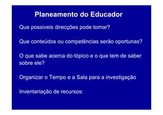 Planeamento do Educador
Que possiveis direcções pode tomar?

Que conteúdos ou competências serão oportunas?

O que sabe acerca do tópico e o que tem de saber
sobre ele?

Organizar o Tempo e a Sala para a investigação

Inventariação de recursos:
 
