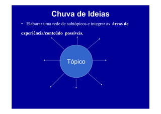 Chuva de Ideias
• Elaborar uma rede de subtópicos e integrar as áreas de

experiência/conteúdo possíveis.




                       Tópico
 
