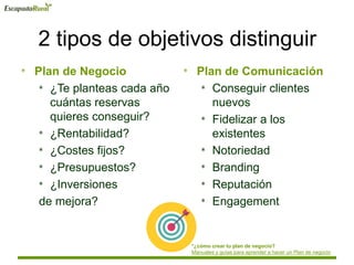 2 tipos de objetivos distinguir
* Plan de Negocio
* ¿Te planteas cada año
cuántas reservas
quieres conseguir?
* ¿Rentabilidad?
* ¿Costes fijos?
* ¿Presupuestos?
* ¿Inversiones
de mejora?
* Plan de Comunicación
* Conseguir clientes
nuevos
* Fidelizar a los
existentes
* Notoriedad
* Branding
* Reputación
* Engagement
*¿cómo crear tu plan de negocio?
Manuales y guías para aprender a hacer un Plan de negocio
 