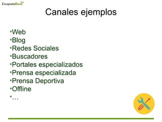 Canales ejemplos
*Web
*Blog
*Redes Sociales
*Buscadores
*Portales especializados
*Prensa especializada
*Prensa Deportiva
*Offline
*…
 