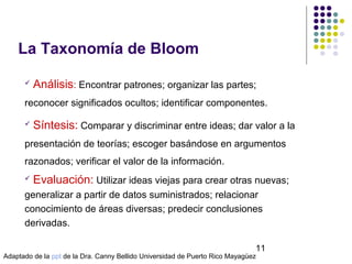 La Taxonomía de Bloom


Análisis: Encontrar patrones; organizar las partes;

reconocer significados ocultos; identificar componentes.


Síntesis: Comparar y discriminar entre ideas; dar valor a la

presentación de teorías; escoger basándose en argumentos
razonados; verificar el valor de la información.


Evaluación: Utilizar ideas viejas para crear otras nuevas;

generalizar a partir de datos suministrados; relacionar
conocimiento de áreas diversas; predecir conclusiones
derivadas.
© Isabel Pérez

11

Adaptado de la ppt de la Dra. Canny Bellido Universidad de Puerto Rico Mayagüez

 