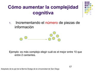 Cómo aumentar la complejidad
cognitiva
1.

Incrementando el número de piezas de
información

Ejemplo: es más complejo elegir cuál es el mejor entre 10 que
entre 2 cantantes.

© Isabel Pérez

Adaptado de la ppt de la Bernie Dodge de la Universidad de San Diego

17

 