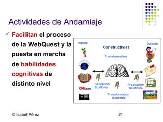 Actividades de Andamiaje


Facilitan el proceso
de la WebQuest y la
puesta en marcha
de habilidades
cognitivas de
distinto nivel

© Isabel Pérez

21

 