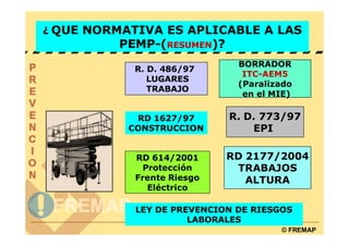 ¿ QUE NORMATIVA ES APLICABLE A LAS
          PEMP-(RESUMEN)?
                              BORRADOR
            R. D. 486/97
                               ITC-AEM5
               LUGARES
                              (Paralizado
               TRABAJO
                               en el MIE)

            RD 1627/97      R. D. 773/97
           CONSTRUCCION         EPI

            RD 614/2001     RD 2177/2004
              Protección     TRABAJOS
            Frente Riesgo      ALTURA
               Eléctrico

            LEY DE PREVENCION DE RIESGOS
                      LABORALES
                                      © FREMAP
 