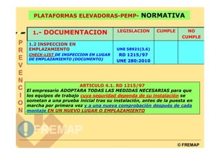 PLATAFORMAS ELEVADORAS-PEMP- NORMATIVA

                                      LEGISLACION      CUMPLE       NO
  1.- DOCUMENTACION
                                                                  CUMPLE
1.2 INSPECCION EN
EMPLAZAMIENTO                         UNE 58921(3.6)
CHECK-LIST DE INSPECCION EN LUGAR      RD 1215/97
DE EMPLAZAMIENTO (DOCUMENTO)          UNE 280:2010




                       ARTICULO 4.1. RD 1215/97
El empresario ADOPTARA TODAS LAS MEDIDAS NECESARIAS para que
los equipos de trabajo cuya seguridad dependa de su instalación se
sometan a una prueba inicial tras su instalación, antes de la puesta en
marcha por primera vez y a una nueva comprobación después de cada
montaje EN UN NUEVO LUGAR O EMPLAZAMIENTO




                                                                © FREMAP
 