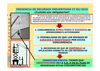 PRESENCIA DE RECURSOS PREVENTIVOS CT 83/2010
           ¿Cuándo son obligatorios?




           1.-CONCURRENCIA SIMULTÁNEA O SUCESIVA DE
                    OPERACIONES O ACTIVIDADES

            2.-POSIBILIDAD DE QUE LOS RIESGOS SE
              AGRAVEN O MODIFIQUEN POR DICHA
                       CONCURRENCIA

               3.-NECESIDAD DE QUE SE CONTROLE LA
             APLICACIÓN CORRECTA DE LOS METODOS DE
                             TRABAJO


                CONDICION PREVIA: TIENEN QUE
            IDENTIFICARSE EN LA E.R. O EN EL PLAN DE
               SEGURIDAD ESTAS CIRCUNSTANCIAS © FREMAP
 