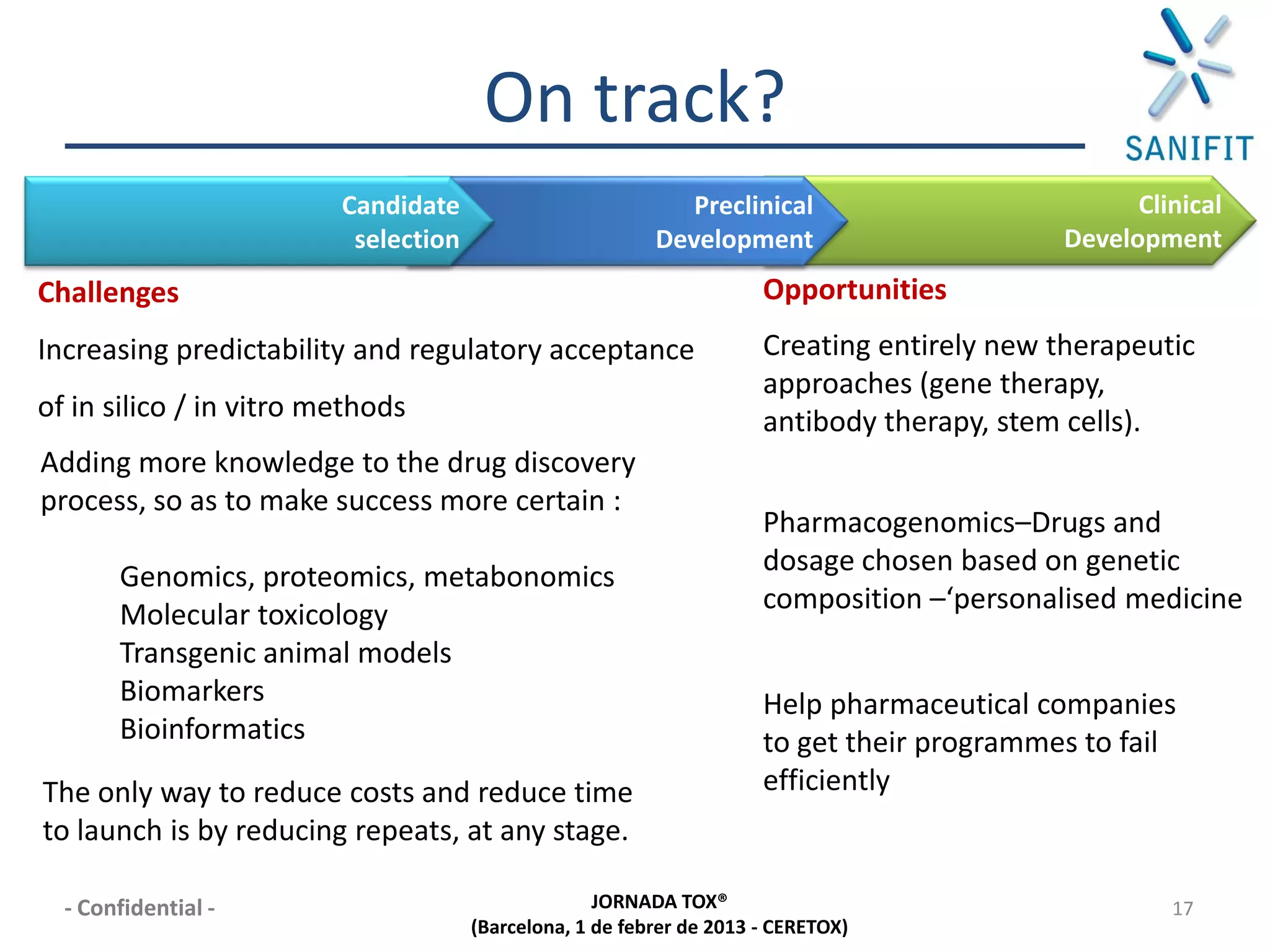 On track?
                         Candidate                           Preclinical                          Clinical
                          selection                       Development                       Development
Challenges                                                            Opportunities
Increasing predictability and regulatory acceptance                   Creating entirely new therapeutic
                                                                      approaches (gene therapy,
of in silico / in vitro methods                                       antibody therapy, stem cells).
Adding more knowledge to the drug discovery
process, so as to make success more certain :
                                                                      Pharmacogenomics–Drugs and
                                                                      dosage chosen based on genetic
       Genomics, proteomics, metabonomics
                                                                      composition –‘personalised medicine
       Molecular toxicology
       Transgenic animal models
       Biomarkers                                                     Help pharmaceutical companies
       Bioinformatics                                                 to get their programmes to fail
The only way to reduce costs and reduce time                          efficiently
to launch is by reducing repeats, at any stage.

  - Confidential -                                  JORNADA TOX®                                     17
                                      (Barcelona, 1 de febrer de 2013 - CERETOX)
 