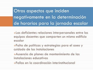 Otros aspectos que inciden
negativamente en la determinación
de horarios para la jornada escolar
 Las deficientes relaciones interpersonales entre los
equipos docentes que comparten un mismo edificio
escolar
Falta de políticas y estrategias para el aseo y
cuidado de las instalaciones
Ausencia de planes de mantenimiento de las
instalaciones educativas
Fallas en la coordinación interinstitucional
 