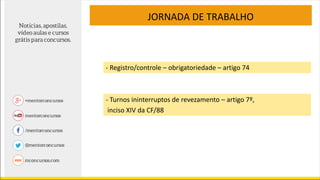 JORNADA DE TRABALHO
- Registro/controle – obrigatoriedade – artigo 74
- Turnos ininterruptos de revezamento – artigo 7º,
inciso XIV da CF/88
 