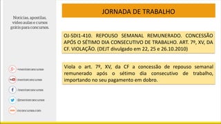 OJ-SDI1-410. REPOUSO SEMANAL REMUNERADO. CONCESSÃO
APÓS O SÉTIMO DIA CONSECUTIVO DE TRABALHO. ART. 7º, XV, DA
CF. VIOLAÇÃO. (DEJT divulgado em 22, 25 e 26.10.2010)
Viola o art. 7º, XV, da CF a concessão de repouso semanal
remunerado após o sétimo dia consecutivo de trabalho,
importando no seu pagamento em dobro.
JORNADA DE TRABALHO
 
