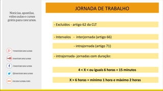 JORNADA DE TRABALHO
- Excluídos - artigo 62 da CLT
- Intervalos - interjornada (artigo 66)
4 < X < ou iguais 6 horas = 15 minutos
- intrajornada (artigo 71)
- intrajornada- jornadas com duração:
X > 6 horas = mínimo 1 hora e máximo 2 horas
 
