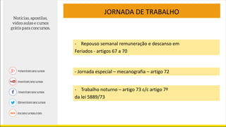 JORNADA DE TRABALHO
- Repouso semanal remuneração e descanso em
Feriados - artigos 67 a 70
- Jornada especial – mecanografia – artigo 72
- Trabalho noturno – artigo 73 c/c artigo 7º
da lei 5889/73
 