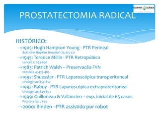 PROSTATECTOMIA RADICAL
HISTÓRICO:
1905: Hugh Hampton Young - PTR Perineal
Bull John Hopkins Hospital 175:315-321

1945: Terence Millin - PTR Retropúbico
Lancet 2: 693-696

1983: Patrich Walsh – Preservacão FVN
Prostate 4: 473-485

1997: Shuessler - PTR Laparoscópica transperitoneal
Urology 50: 854-857

1997: Raboy - PTR Laparoscópica extraprateritoneal
Urology 50: 849-853

1999: Guilloneau & Vallancien – exp. inicial de 65 casos
Prostate 39: 71-75

→2000: Binden –PTR assistido por robot

 