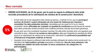 Marc normatiu
• ORDRE ACC/9/2023, de 23 de gener, per la qual es regula la utilització dels àrids
reciclats procedents de la valorització de residus de la construcció i demolició.
• El text refós de la Llei reguladora dels residus ja preveu, a l'article 5.2.b), que es promoguin
accions de foment i suport adreçades als ens locals de Catalunya per impulsar i
consolidar l'ús dels productes reciclats i reciclables per als quals no hi ha un mercat
consolidat i tenen dificultats per competir en igualtat de condicions econòmiques de mercat
amb altres productes similars produïts amb matèries primeres naturals de primera generació.
• És per això que s'ha considerat necessari impulsar l'ús dels àrids reciclats amb una regulació que
consolidi la seva utilització no només en obra pública, atès que l'experiència assolida els últims
anys en la valorització de residus de la construcció i demolició ha confirmat la possibilitat real
d'introducció d'aquestes matèries al mercat.
• Aquesta norma regula la utilització dels àrids reciclats obtinguts de residus de la construcció i la
demolició de l'obra pública i privada executada a Catalunya i fixa els usos admesos i els
requisits per utilitzar els àrids reciclats i la seva composició, les categories i la
granulometria.
14
 