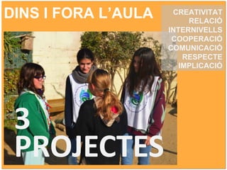 DINS I FORA L’AULA CREATIVITAT
RELACIÓ
INTERNIVELLS
COOPERACIÓ
COMUNICACIÓ
RESPECTE
IMPLICACIÓ
3
PROJECTES
 