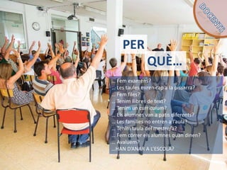 … Fem examens?
… Les taules miren cap a la pissarra?
… Fem files?
… Tenim llibres de text?
… Tenim un currículum?
… Els alumnes van a patis diferents?
… Les famílies no entren a l’aula?
… Tenim taula del mestre/a?
… Fem córrer els alumnes quan dinen?
… Avaluem?
…HAN D’ANAR A L’ESCOLA?
PER
QUÈ…
 