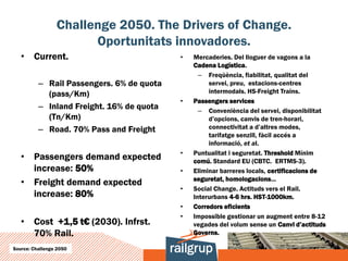 Challenge 2050. The Drivers of Change.
                       Oportunitats innovadores.
   • Current.                              •   Mercaderies. Del lloguer de vagons a la
                                               Cadena Logística.
                                                 – Freqüència, fiabilitat, qualitat del
          – Rail Passengers. 6% de quota            servei, preu, estacions-centres
            (pass/Km)                               intermodals. HS-Freight Trains.
                                           •   Passengers services
          – Inland Freight. 16% de quota         – Conveniència del servei, disponibilitat
            (Tn/Km)                                 d’opcions, canvis de tren-horari,
          – Road. 70% Pass and Freight              connectivitat a d’altres modes,
                                                    tarifatge senzill, fàcil accés a
                                                    informació, et al.
                                           •   Puntualitat i seguretat. Threshold Mínim
   • Passengers demand expected                comú. Standard EU (CBTC. ERTMS-3).
     increase: 50%                         •   Eliminar barreres locals, certificacions de
                                               seguretat, homologacions...
   • Freight demand expected
                                           •   Social Change. Actituds vers el Rail.
     increase: 80%                             Interurbans 4-6 hrs. HST-1000km.
                                           •   Corredors eficients
                                           •   Impossible gestionar un augment entre 8-12
   • Cost +1,5 t€ (2030). Infrst.              vegades del volum sense un Canvi d’actituds
     70% Rail.                                 Governs.

Source: Challenge 2050
 