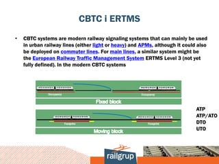 CBTC i ERTMS
•   CBTC systems are modern railway signaling systems that can mainly be used
    in urban railway lines (either light or heavy) and APMs, although it could also
    be deployed on commuter lines. For main lines, a similar system might be
    the European Railway Traffic Management System ERTMS Level 3 (not yet
    fully defined). In the modern CBTC systems




                                                                              ATP
                                                                              ATP/ATO
                                                                              DTO
                                                                              UTO
 